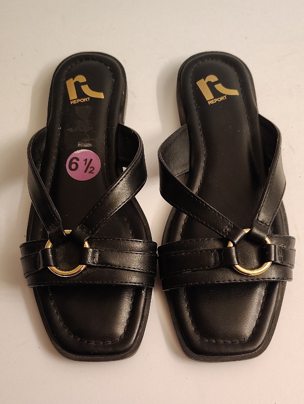 Report Women's Size 6 5 Black Slide Sandals with Gold Ring Detail GY3D X